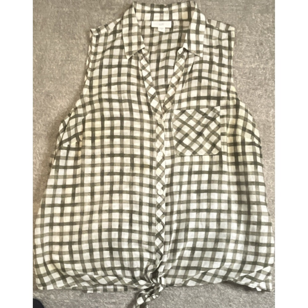 J. Jill Plaid Button Front Sleeveless Collared Top White Green Size S